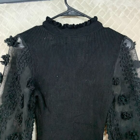 Almost Famous Womens S Sweater Black Ribbed Sheer Long Puff Sleeve Cabin Cottage - Picture 13 of 16